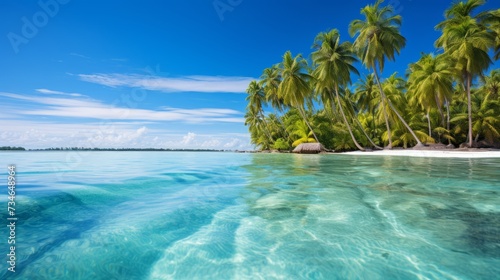 A tropical paradise with crystal clear water and palm trees for relaxation © Cloudyew