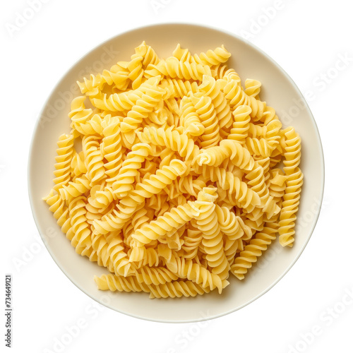 Spiral pasta arranged artfully in a plate, capturing the intricate patterns on a bright white background