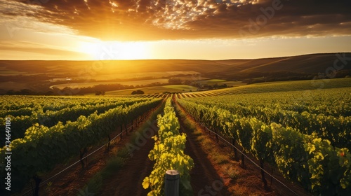 A vineyard with rows of grapevines in the golden hour