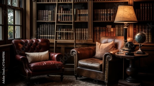 A vintage study with antique furniture and leatherbound books for an old world charm © Cloudyew