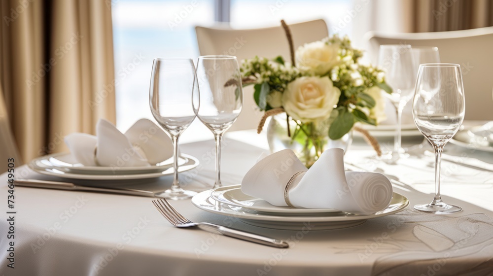 An elegant dining table set with linen napkins and fine silverware