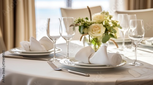 An elegant dining table set with linen napkins and fine silverware © Cloudyew