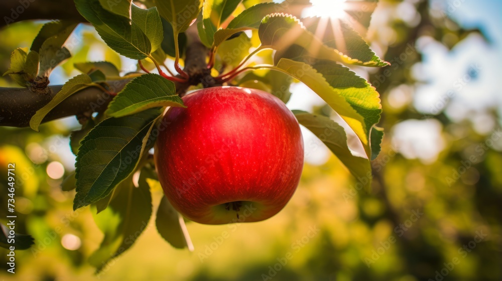 Ripe red apple hanging from a branch in a lush green tree Ripe red apple hanging from a branch in a lush green tree