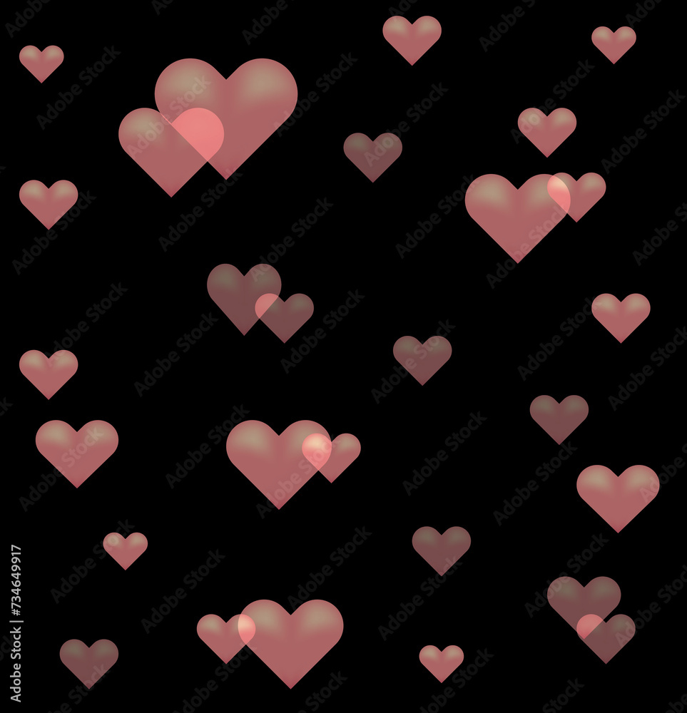 Black background with pink translucent hearts. Illustration on a black background. Printing on fabric. Postcard with space for an inscription. 