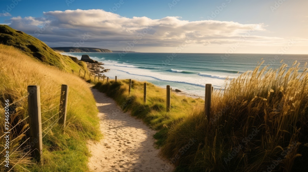 Coastal pathway leading through dunes to a secluded beach