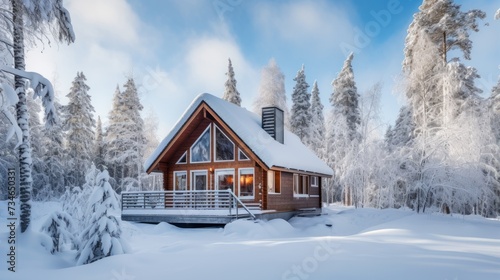 Cozy cabin surrounded by snow covered trees, winter getaway