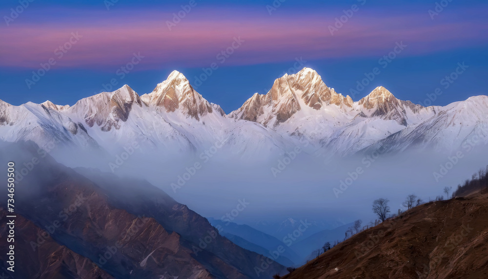 Obraz premium Twilight descends on snow-capped mountains peeking through a blanket of clouds, ai generated.