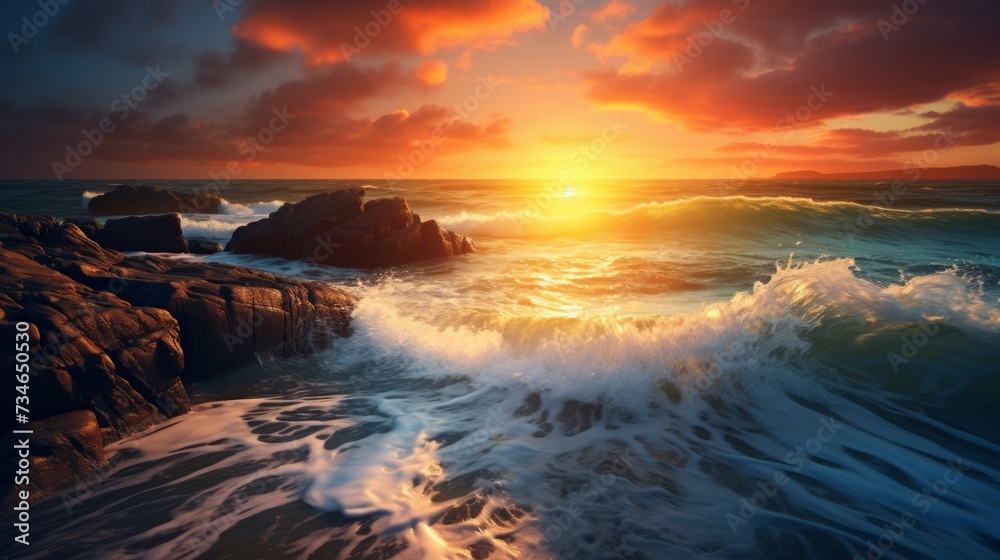 Dramatic coastal scene with waves crashing and the sun setting
