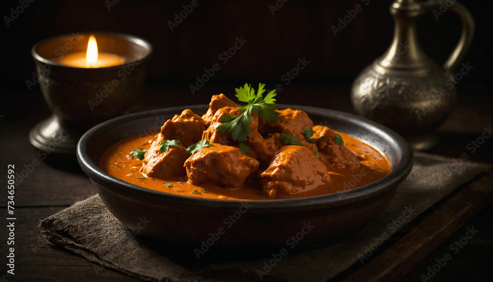 Low light photograph highlighting the appetizing appeal of butter chicken, presented in a shallow ceramic dish, set against the backdrop of a dark wooden table with soft shadows enhancing the depth an