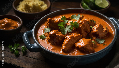 Low light photograph highlighting the appetizing appeal of butter chicken, presented in a shallow ceramic dish, set against the backdrop of a dark wooden table with soft shadows enhancing the depth an