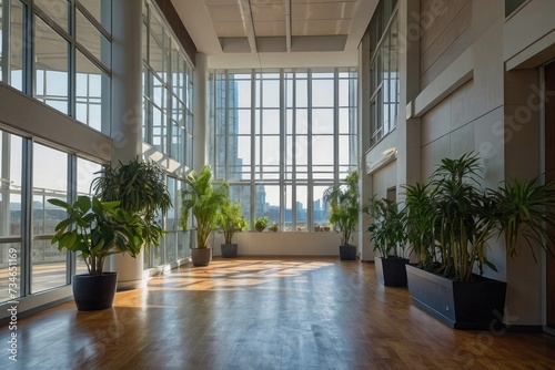 interior of a modern building with windows and potted plants 