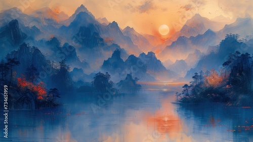  painting of sunrise in mountains and rivers © Asman