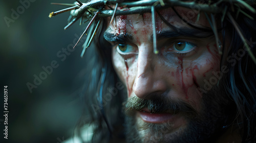 Jesus Christ with crown of thorns on his head. Black background