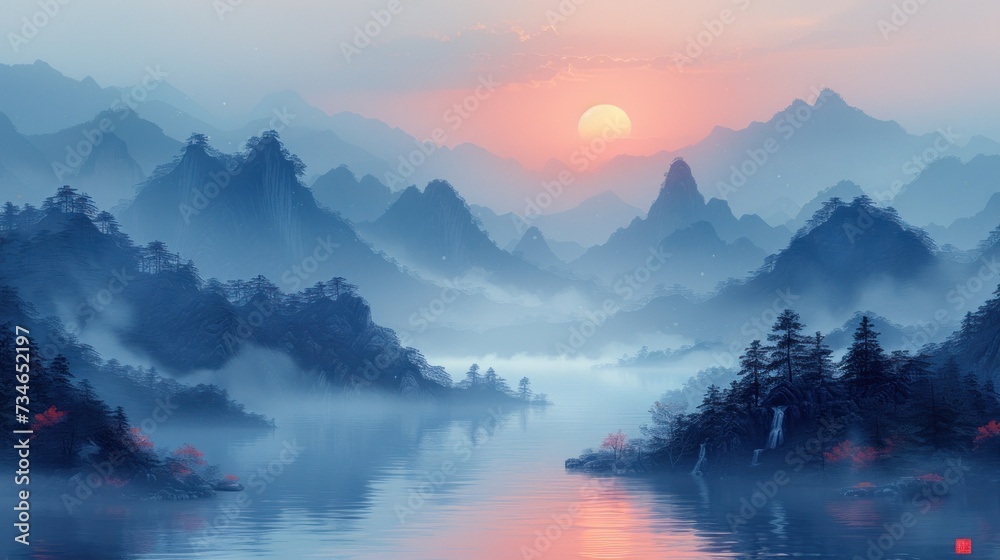  painting of sunrise in mountains and rivers