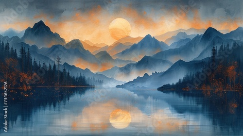  painting of sunrise in mountains and rivers © Asman
