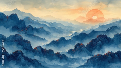  painting of sunrise in mountains and rivers