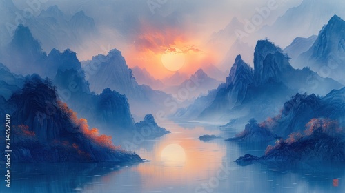  painting of sunrise in mountains and rivers