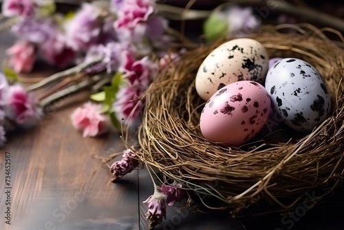 A nest adorned with colorful Easter eggs painted in soft pastel color, surrounded by blossoming flowers on a dark wooden surface