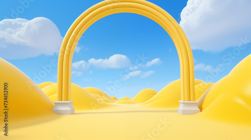 3D animation surrel desert landscape with yellow gate and blue sky background photo