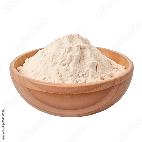pile of finely dry organic fresh raw almond flour powder in wooden bowl png isolated on white background. bright colored of herbal, spice or seasoning recipes clipping path. selective focus