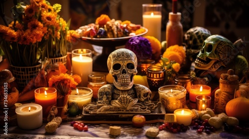 Day of the dead ofrenda with candles and offerings