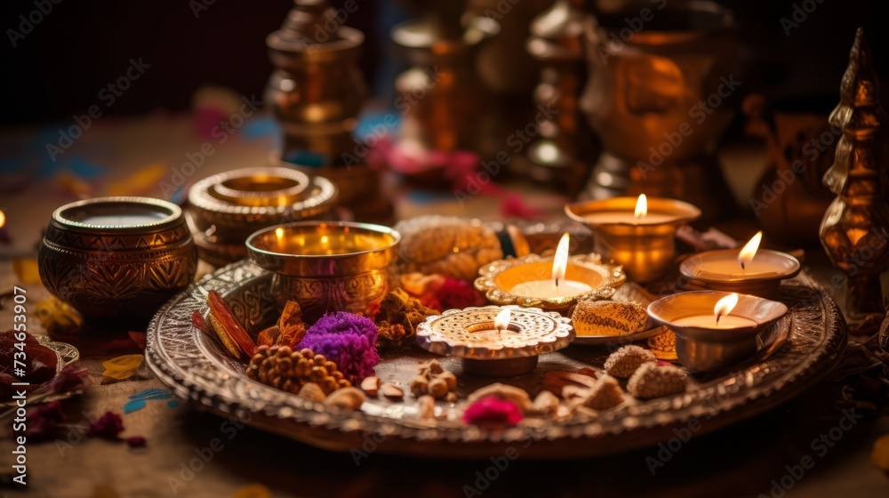 Diwali puja thali adorned with sacred items and traditional elements