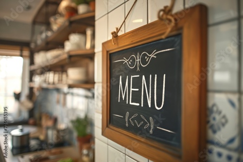 a chalkboard hanging on solid white wall in the kitchen, " MENU " on the chalkboard