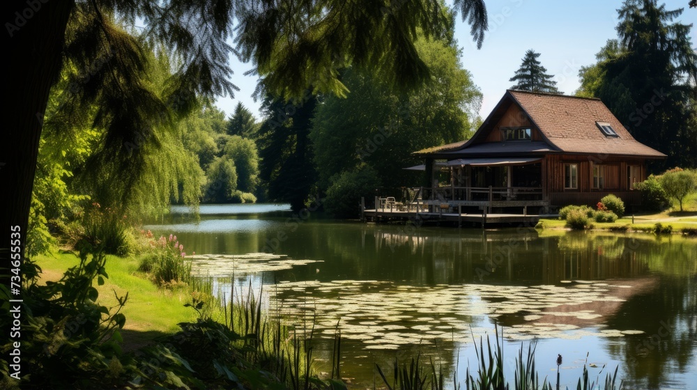 Obraz premium Pension by a tranquil lake with opportunities for fishing and canoeing
