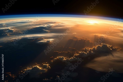 Sunrise View of Earth's Clouds from Orbit. Generative AI