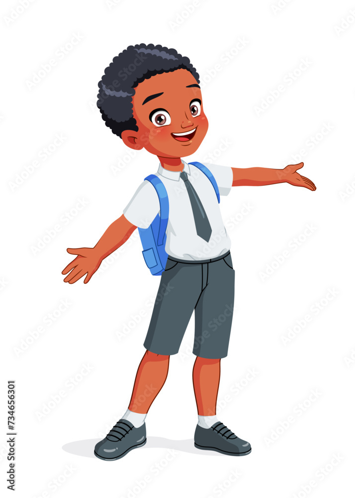 African American school boy greeting with wide open arms. Cartoon ...