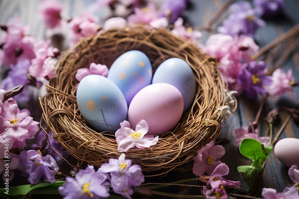 Fototapeta A nest adorned with colorful Easter eggs painted in soft pastel color, surrounded by blossoming flowers on a dark wooden surface