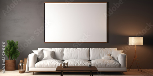 Modern cozy mock up and decoration furniture of living room with with sofa and empty canvas frame on the dark gray wall texture background  photo