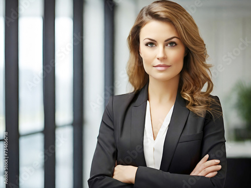 Portrait of successful business woman inside office, standing with arms crossed