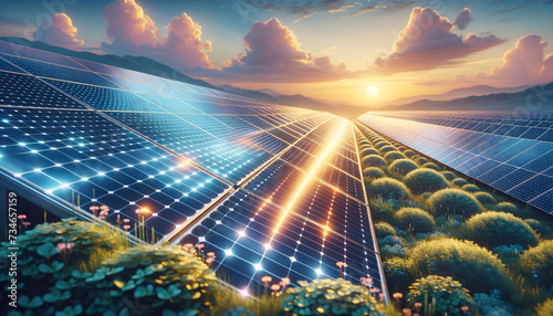 Renewable energy: Photovoltaic panels in serene landscape with vibrant sky photo
