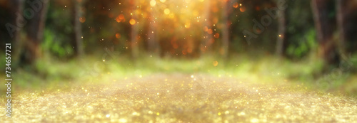 Dreamy abstract forest image, blooming meadow and pastel bokeh lights