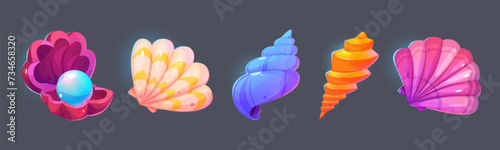 Seashells set isolated on black background. Vector cartoon illustration of marine beach or aquarium seabed design elements, oyster shell with pearl, mollusk, snail, jewelry souvenir collection