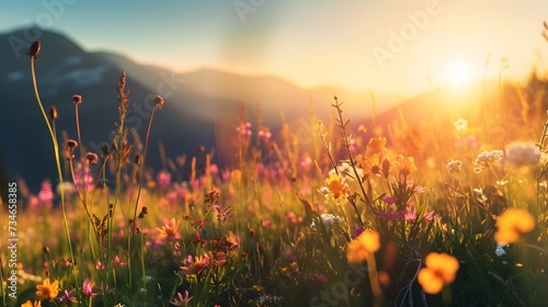 Wildflowers in Mountain Meadow at Sunset - Scenic landscape in high mountain meadow with mountain vista at sunset with warm light #734658385