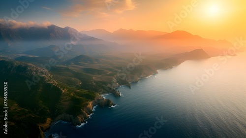Wide angle aerial view of Mediterranean and mountainous landscape at sunrise
