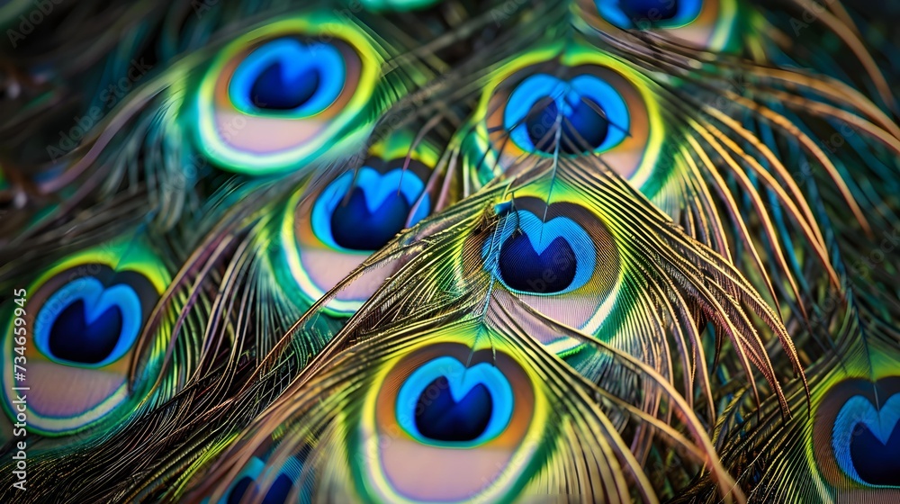Fototapeta premium Vivid peacock feathers display a mesmerizing pattern, their iridescence shimmering in an enchanting blue hue