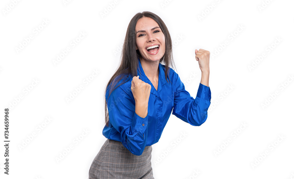 Successful businesswoman woman celebrate business success in dealing isolated on white Successful businesswoman woman celebrate business success in dealing isolated on white