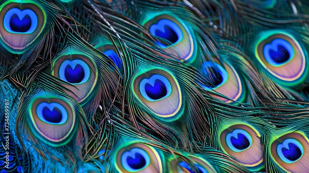Obraz premium Vivid peacock feathers display a mesmerizing pattern, their iridescence shimmering in an enchanting blue hue