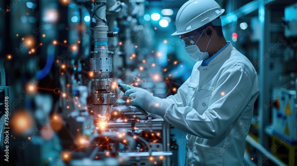 engineer with tablet inspection the Robotic arm engineer with tablet inspection the Robotic arm