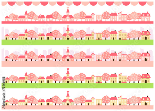 桜、並木、街並み、セット、かわいい、春、イラスト