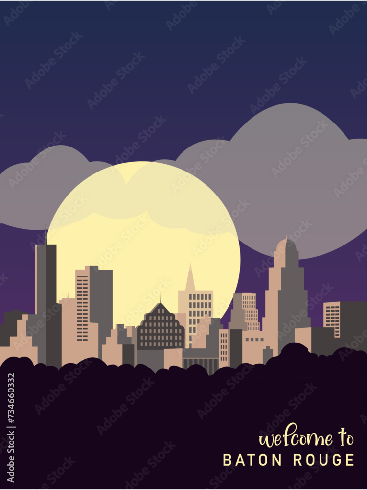 USA Baton Rouge city retro poster with abstract shapes of skyline, buildings at night. Vintage US Louisiana state modern cityscape travel vector illustration