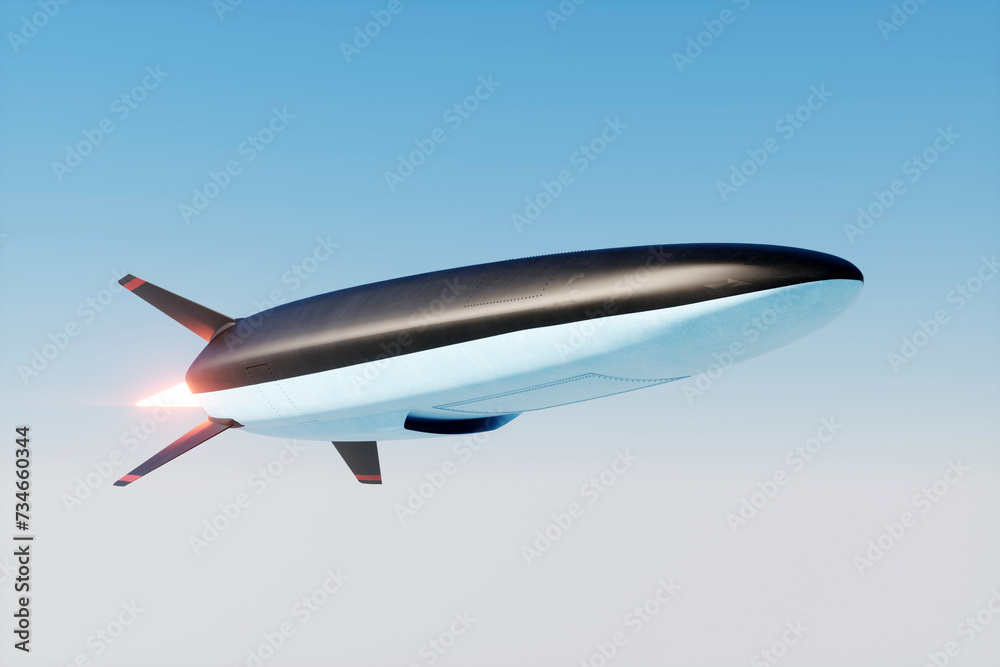 Hypersonic warfare missile flies against the blue sky . Concept war, assassination, conflict, politics, new generation weapons, superpowered weapons. Copy space, 3D illustration, 3D rendering. Hypersonic warfare missile flies against the blue sky . Concept war, assassination, conflict, politics, new generation weapons, superpowered weapons. Copy space, 3D illustration, 3D rendering.