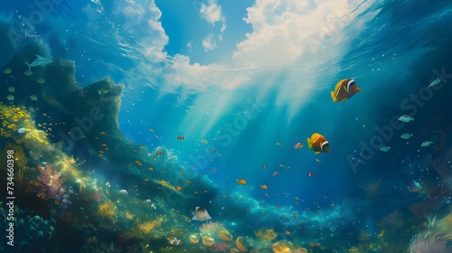 Illustration of Underwater view with coral reef and fish. © PSCL RDL