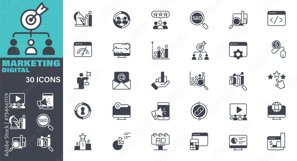 Digital Marketing Icons set. Solid icon collection. Vector graphic elements, Icon Symbol, Business, Technology, The Media, Searching, Research, Analyzing