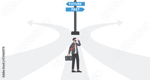 businessmen decide two ways about the past and future way.


