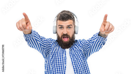 Bearded man isolated on white. Guy listen audio. Millennial hipster man listen to music in headphones. Music concept. Generation z lifestyle. Man listening audio in music headphones. Dj