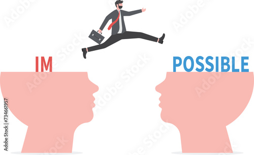 business man jumping over big head and breaking the impossible into possible concept .
